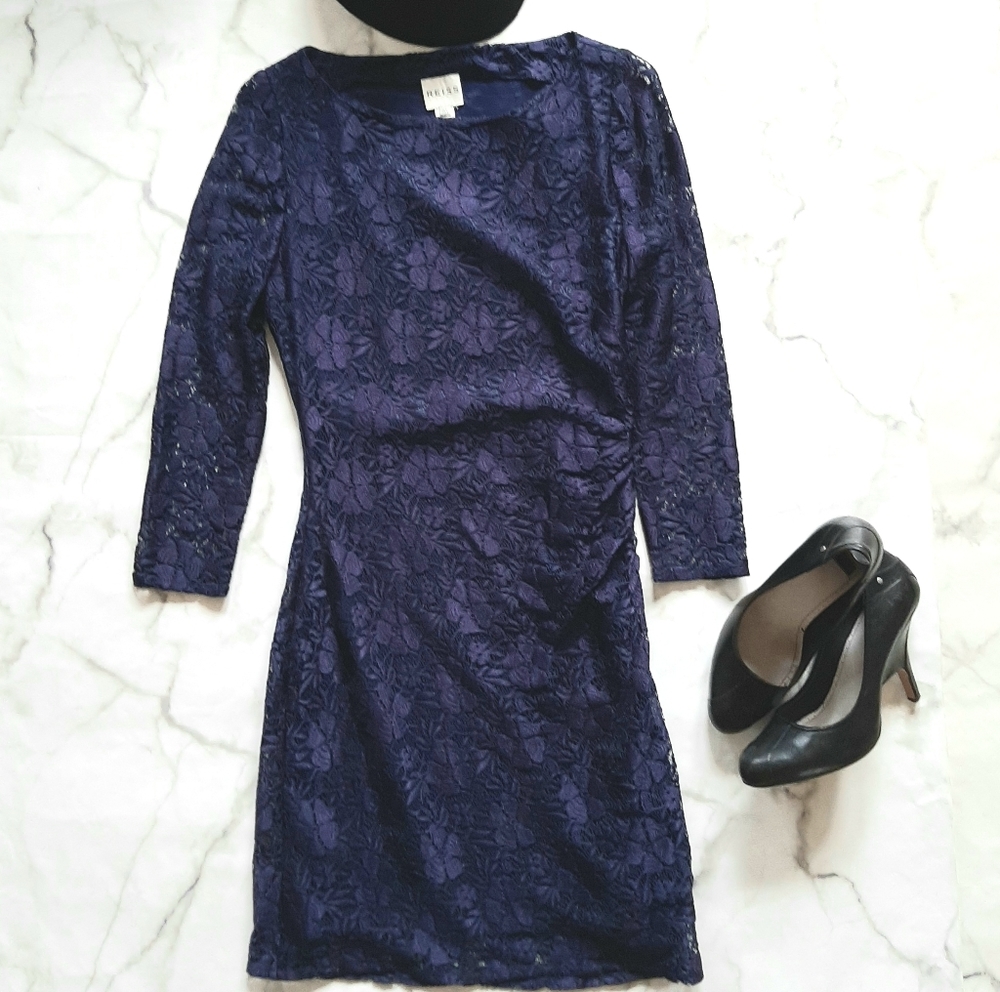Reiss Donatella Cobalt Lace Side Ruched Dress US 4